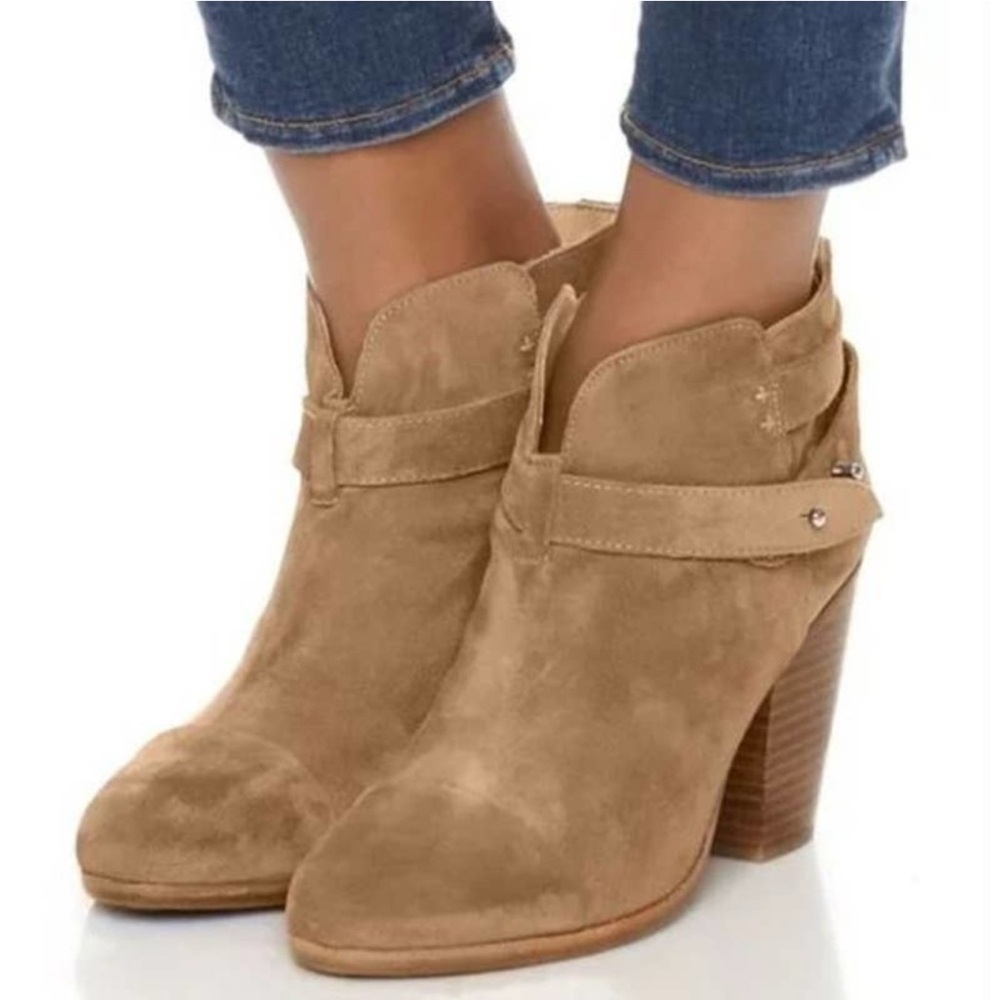 Rag & Bone Camel Suede Harrow Bootie Leather Ankle Wrap Strap Boots